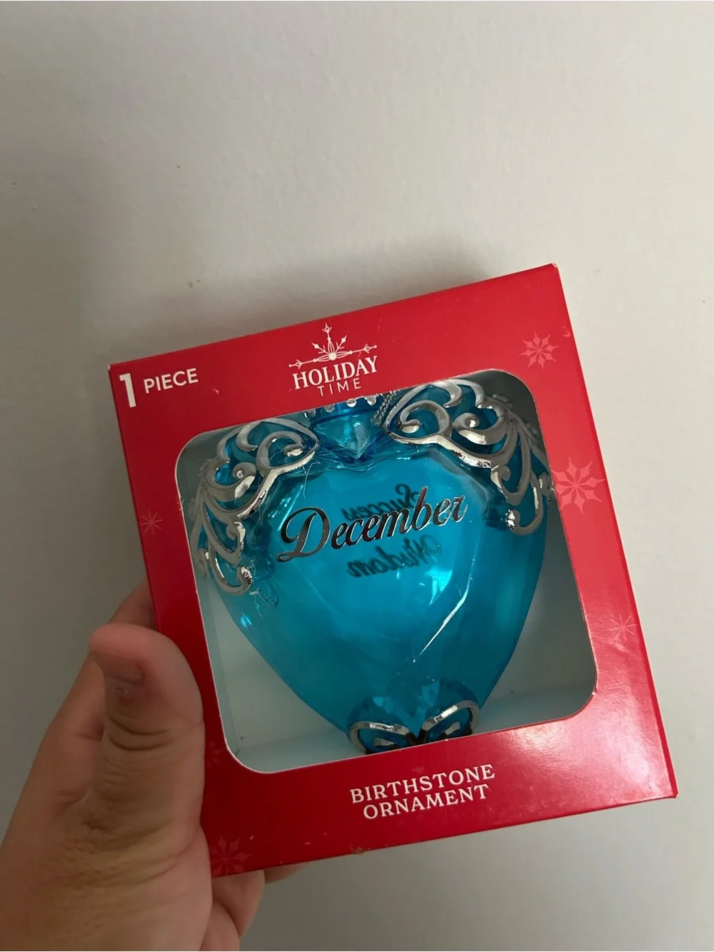 Holiday Time December Blue Silver Heart Birthstone Hanging Plastic Ornament